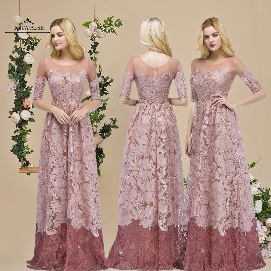 

FATAPAESE Half Sleeves Dusty Rose Lace Evening Dresses 2019 Elegant O Neck Formal Evening Gowns Party Dress robe de soiree