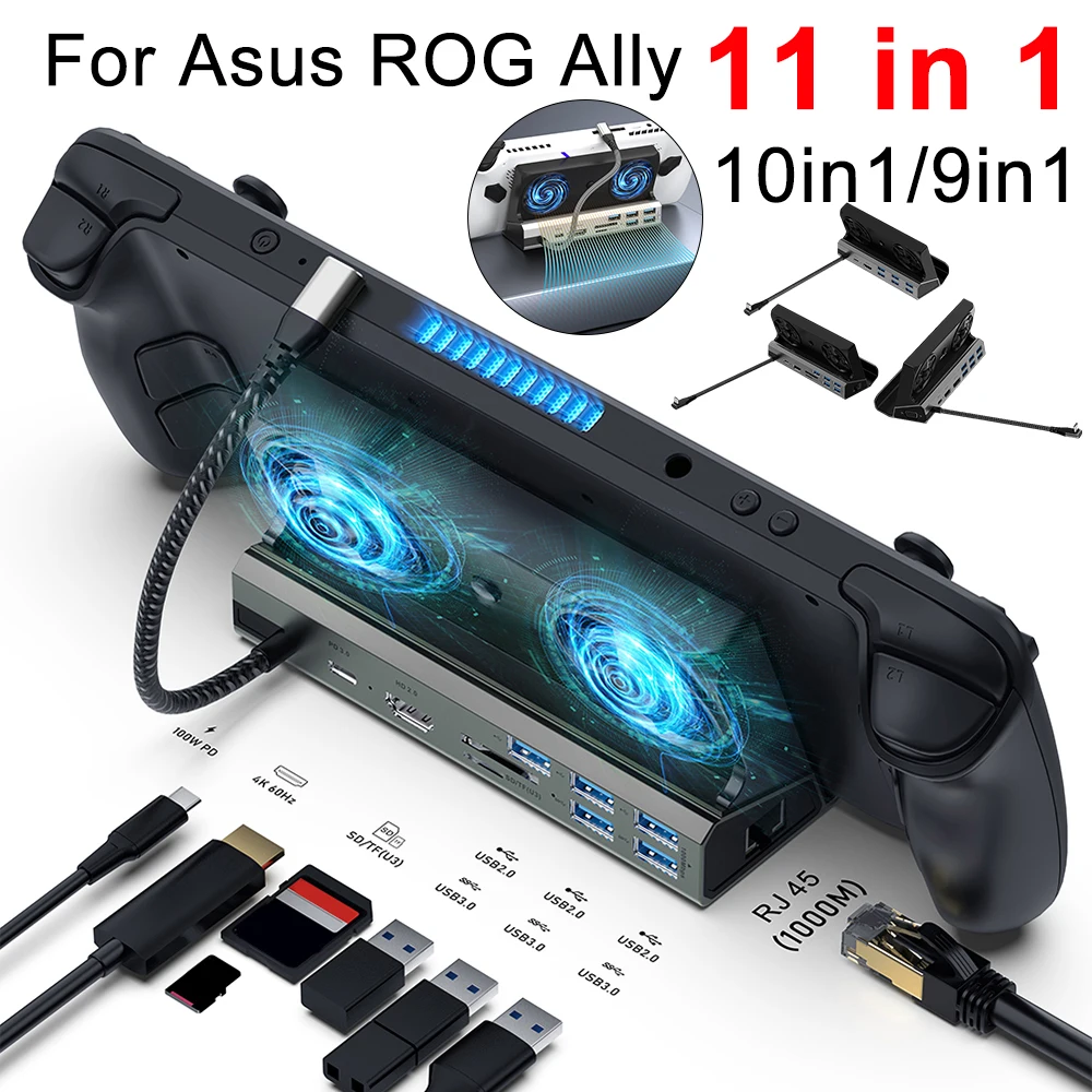 11/10/9 in1 For ROG Ally Game Console Dock Hub 4K 60Hz Type C USB Docking Station Gigabit Ethernet 1000Mbps Dock Stand PD 100W