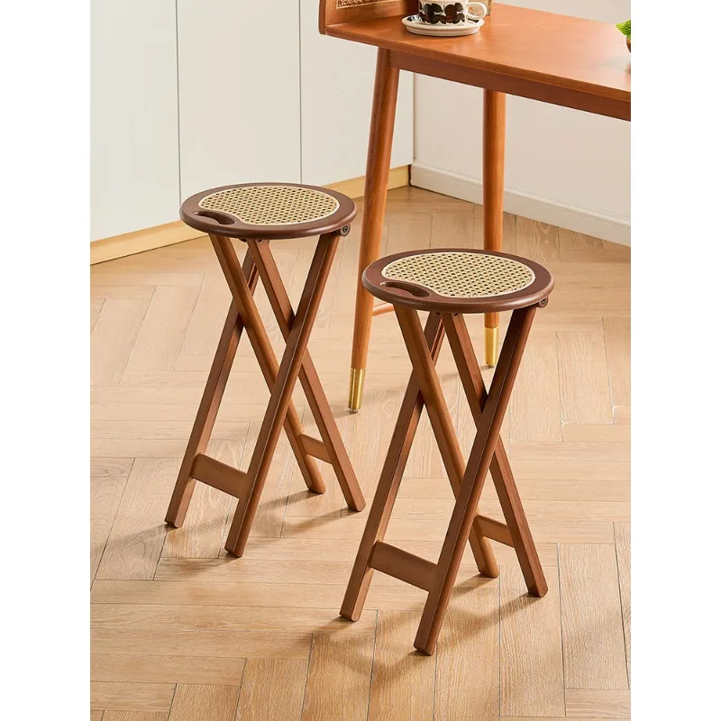 Folding Bar Stool Rattan Wicker Kitchen Counter Stool, Portable Thickened Seat, Foldable High Foot Rest Chair for Home Use