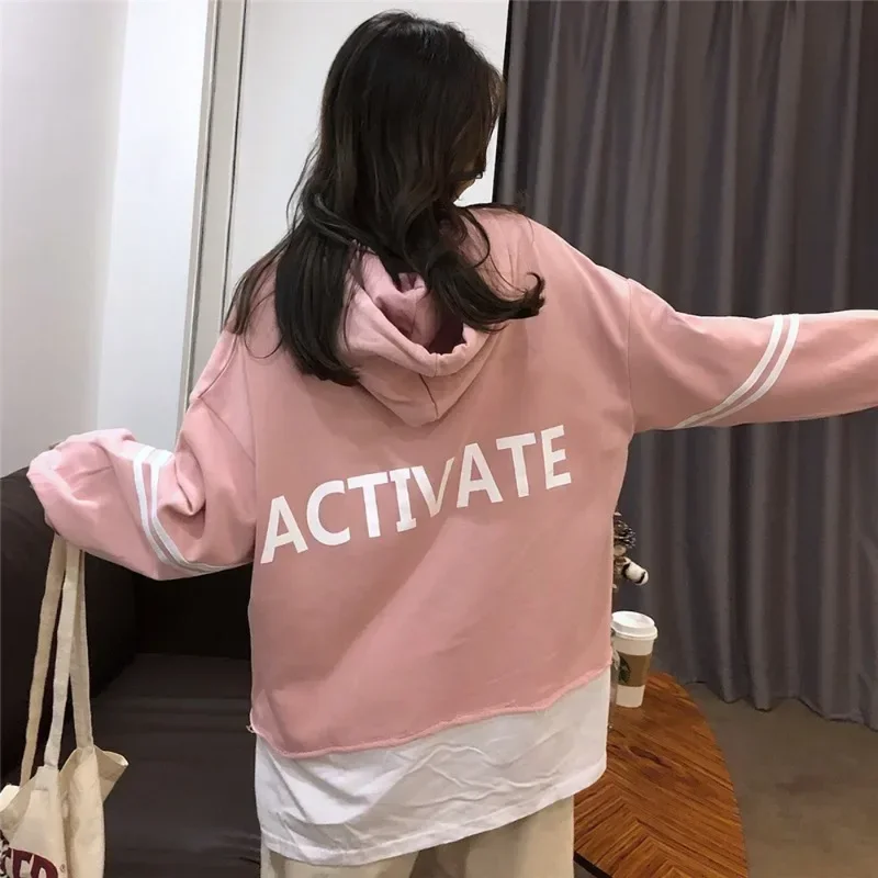 

Spring Autumn Women New Version Of Fake Two-piece Front And Back Letter Printing Hooded Sweater Girl Student Korean Trend Y2k