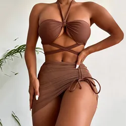 Summer 2024 New 3 Pieces Swimsuit Women High Waist Swimwear Sexy Lace Up Micro Bikini Set With Skirt Beachwear Bathing Suit