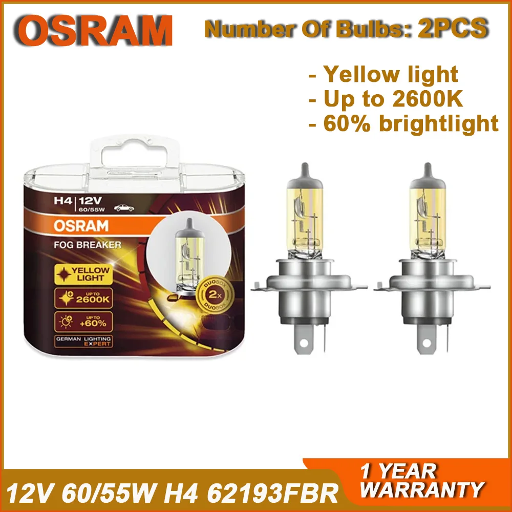 OSRAM FOG BREAKER H4 HB2 62193FBR P43t Headlight 12V 60/55W 2600K +200% Yellow Fog Light +60% Bright Car Halogen Lamps (Pair)