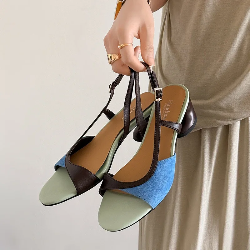 Nouvelles sandales d'été pour femmes, chaussures à bout rond, sandales multicolores tendance, sandales faites à la main à bout ouvert, sandales romaines à talons hauts