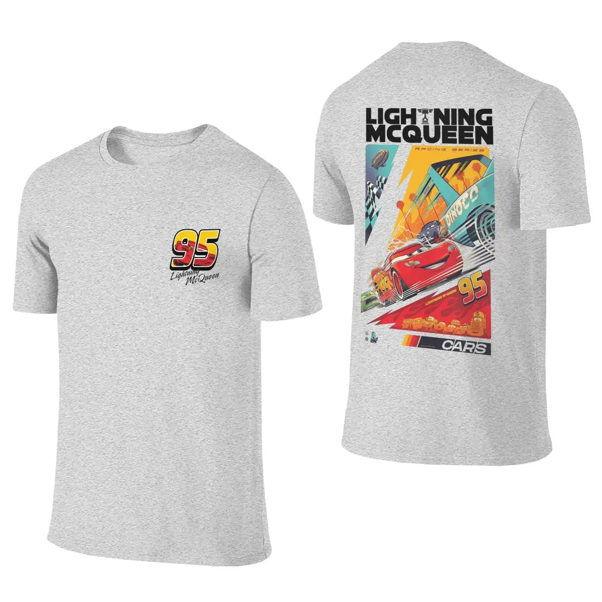 Front Back Two Sides Lightning McQueen Cars 95 T-Shirts for Men Cotton Tees Crew Neck Short Sleeve T Shirts Printing Clothes image 3