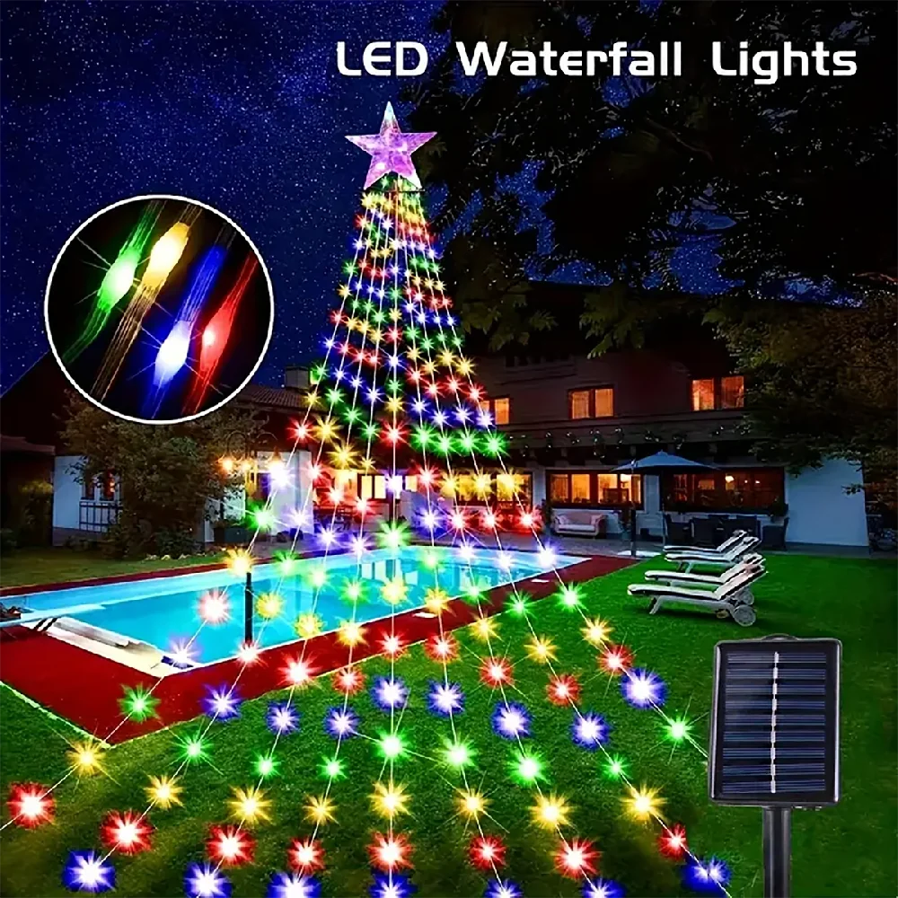 2M 3M LED Outdoor Christmas Fairy String Lights Pentagon Star Waterfall String Lights 8 Modes for Parties Christmas Tree Decor