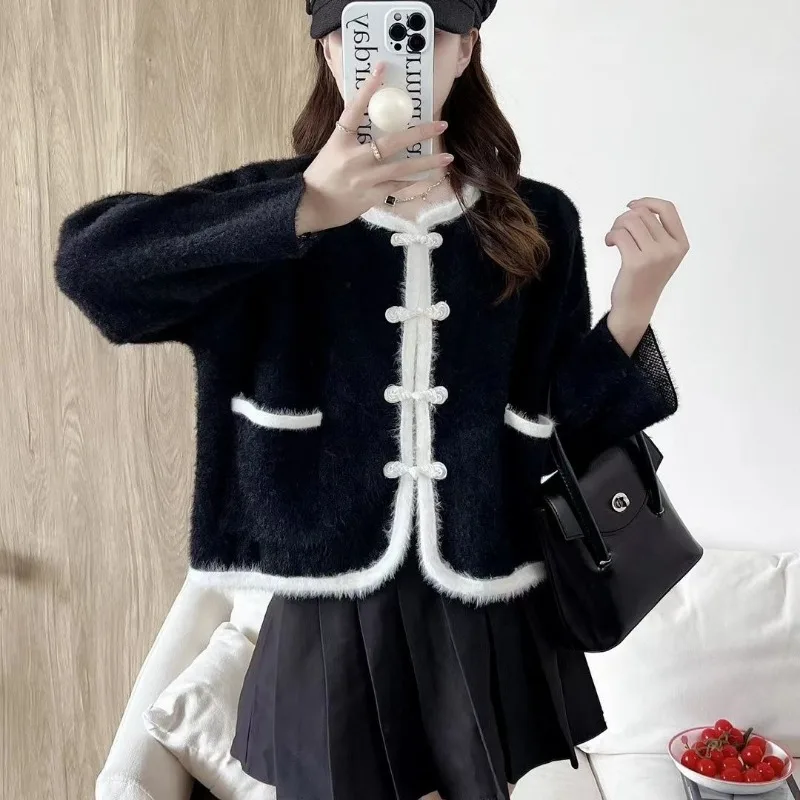 

Chinese Style Buttons Knitting Cardigan Women Autumn Winter Elegant Temperament Sweater Coat Fashion All-match Knitwear Tops