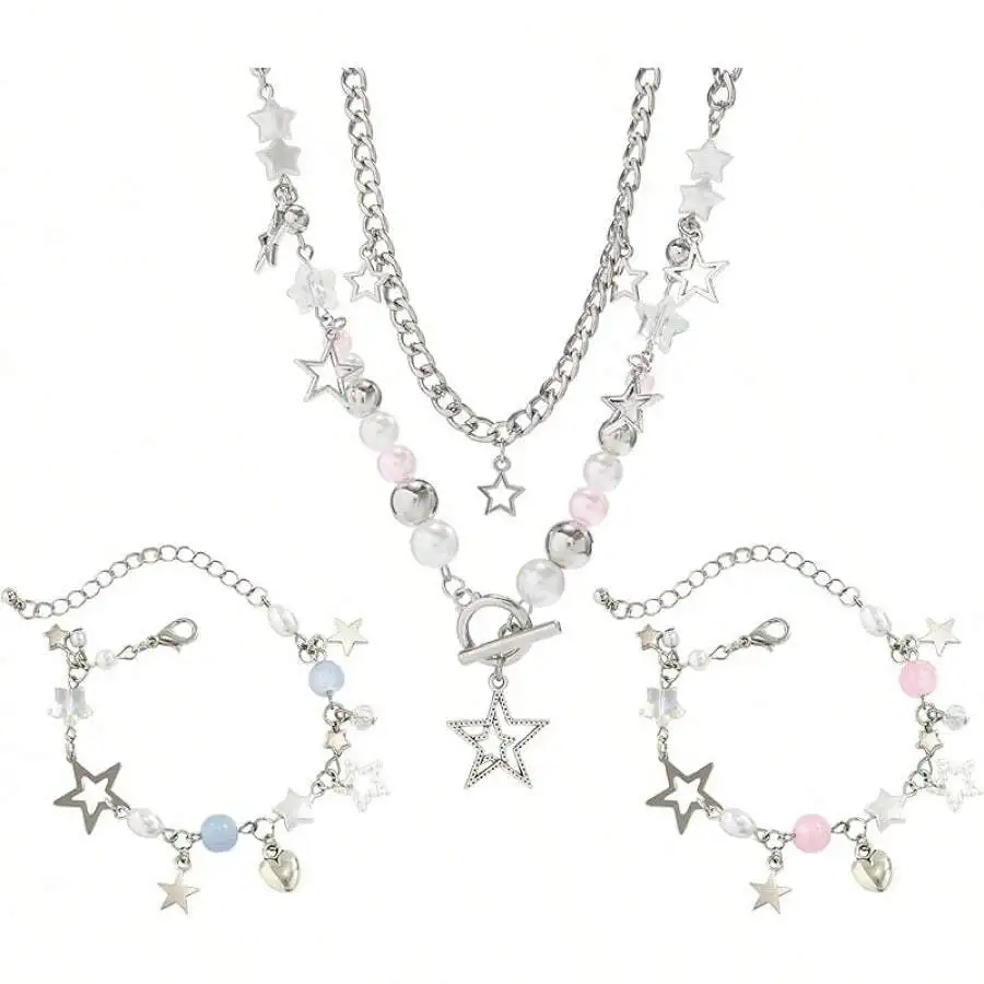 

Комплект из 2 предметов: серебристое ожерелье и браслет с подвесками в виде звезды и жемчужины