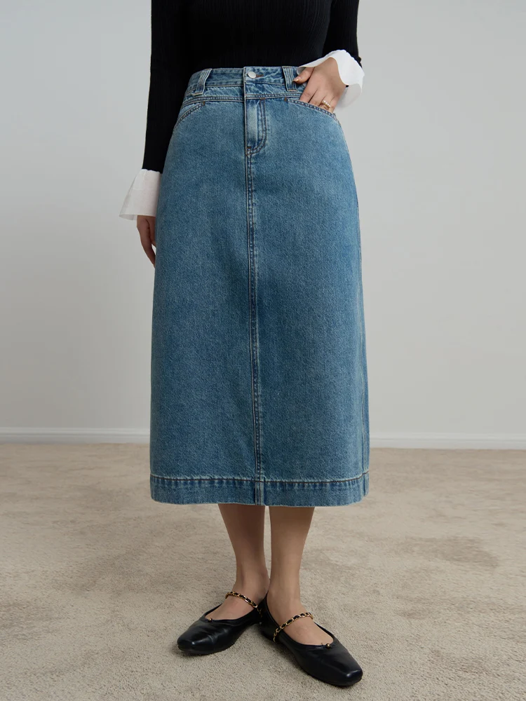 DUSHU 92.2% Cotton Women Dark Denim Blue Long A-LINE Skirts Back Slit Design 2023 Winter New Straight Denim Skirt Female Skirt