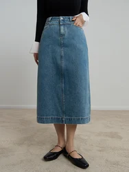 DUSHU 92.2% Cotton Women Dark Denim Blue Long A-LINE Skirts Back Slit Design 2023 Winter New Straight Denim Skirt Female Skirt