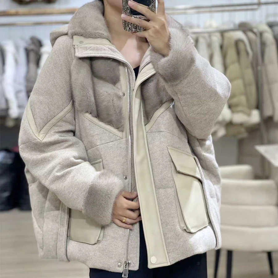 Cashmere Mink Down Jacket Women Luxury Real Fur Puffer Jacket With Hood Winter Warm Goose Down Jackets