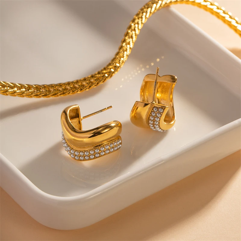 أقراط مرصعة على شكل حرف C للنساء ، فولاذ مقاوم للصدأ 316 لتر ، مجوهرات فريدة ، لؤلؤ مضفر ، منحني ، موضة جديدة ، #6