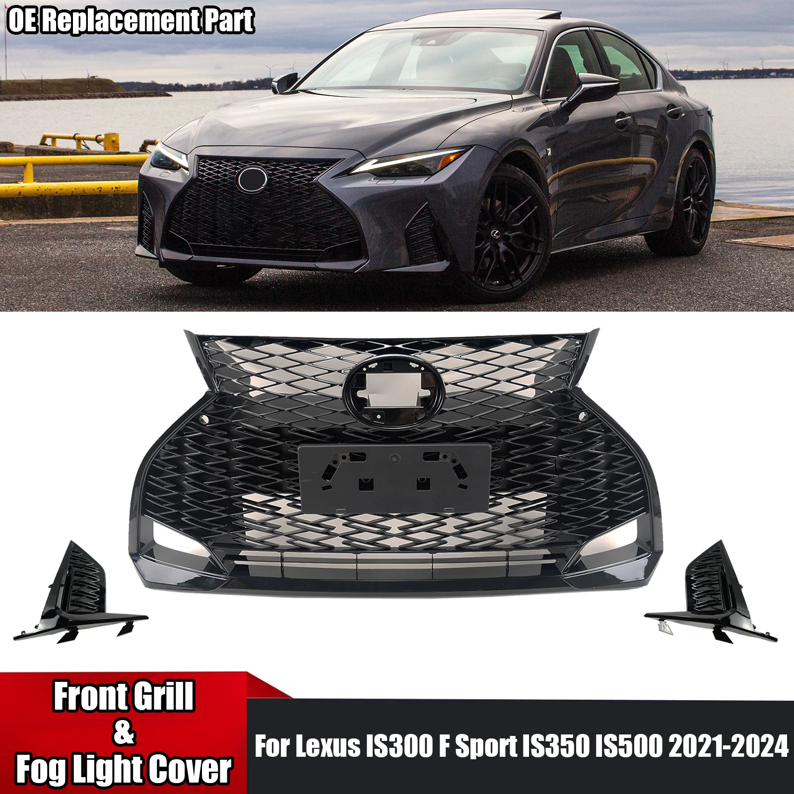 

Car Front Grille Grill Assembly Fog Light Cover For Lexus is300 F Sport is350 is500 2021-2024 Glossy Black Without Camera Hole