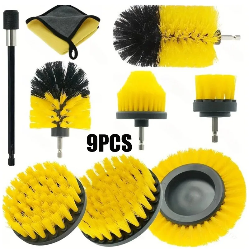 9-piece car beauty cleaning tool Yellow tire wheel hub cleaning brush Multi-purpose electric drill brush car wash towel