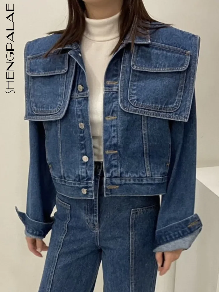 SHENGPALAE Fashion Streetwear Denim Jacket Spliced Shawl Pockets Design Single Breasted Vintage Women Tops 2024 Winter 5G190