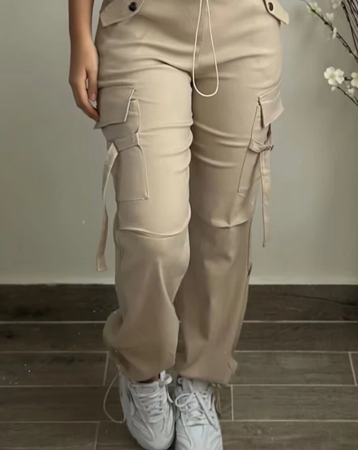 Pantalon Cargo pour femmes, mode printemps 2021, Design de poche de rue, cordon de serrage, revers, quotidien, décontracté, uni, Long, polyvalent