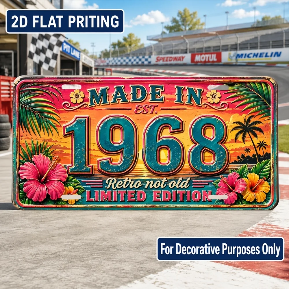 2D Flat, [2D Flat] 2D Flat Surface, 1pc, Vintage Metal License Plate Wall Sign, 1968 Theme - Durable and Fade-Resistant, Indoor/