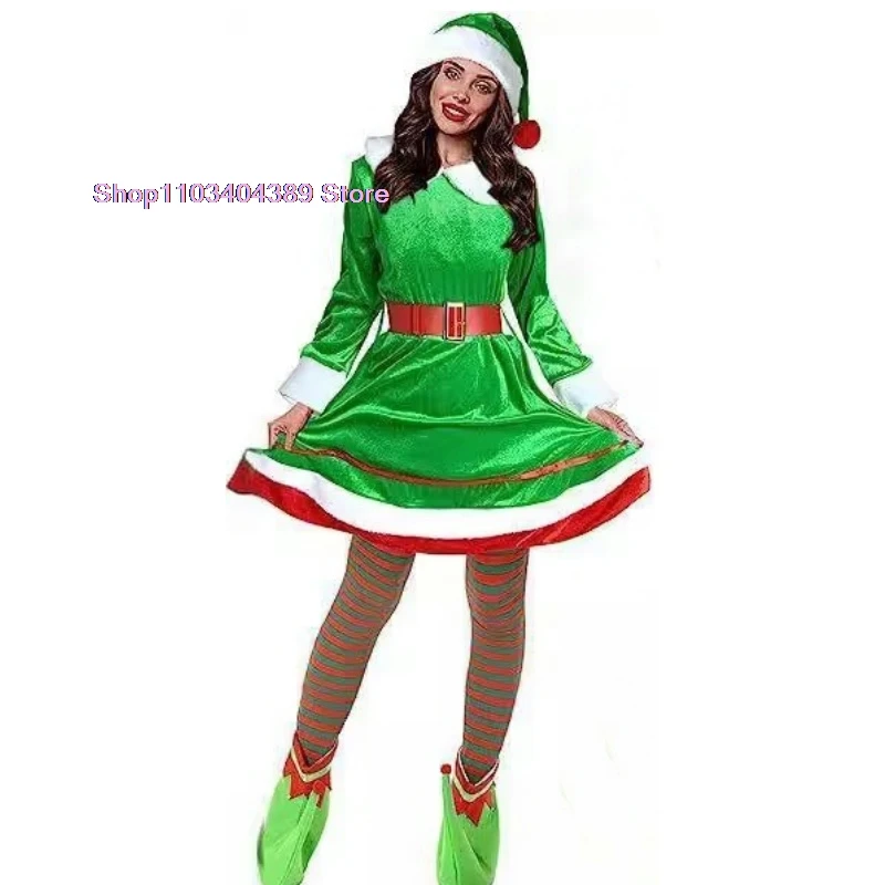 Adult Green Christmas Elf Costumes Santa Claus Green Elf Costumes Womens Cosplay Christmas Dress Set Xmas performance outfits