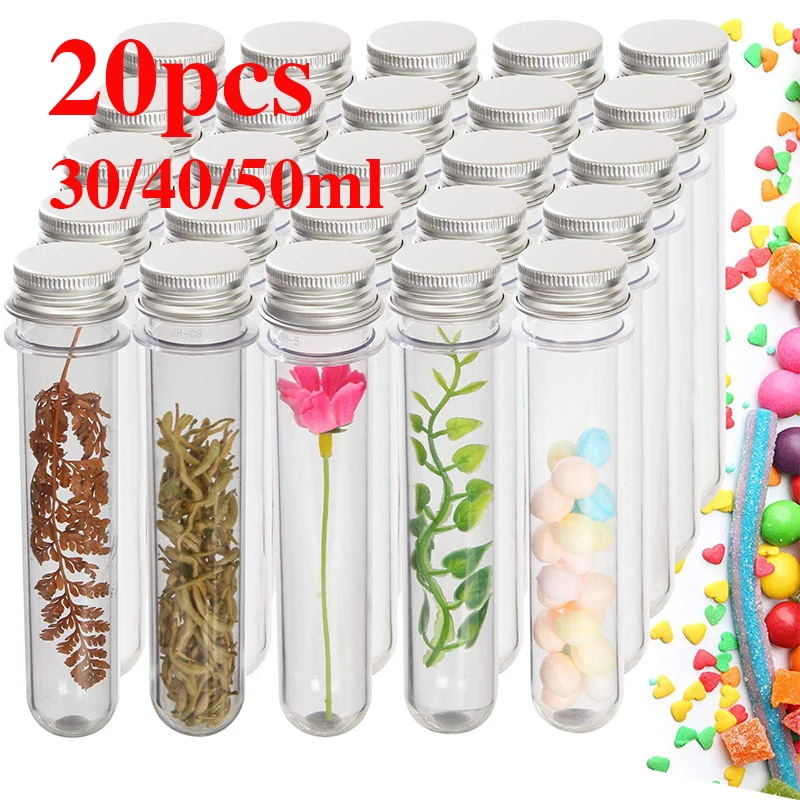 20Pcs 30/40/50ml Plastic Clear Test Tubes With Screw Caps Candy Cosmetic Travel Lotion Containers 40ml Storage Tubes