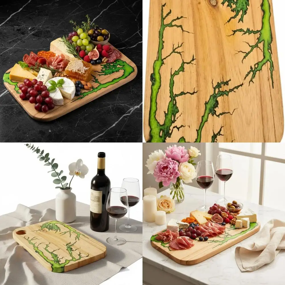 

Доска для мясных изделий из дерева акации — 16x10,5 дюймов, фрактальная ожог зеленой природы, сервировочный поднос, кухонные аксессуары, уникальный подарок