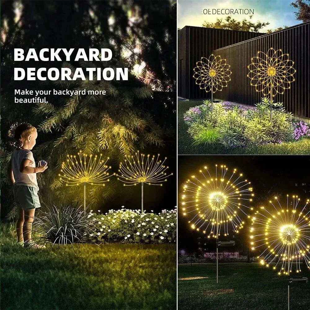 Luces LED solares de fuegos artificiales para exteriores, decoración de jardín, luces de hadas, lámpara de césped de diente de león impermeable para paisaje de jardín, decoración de césped