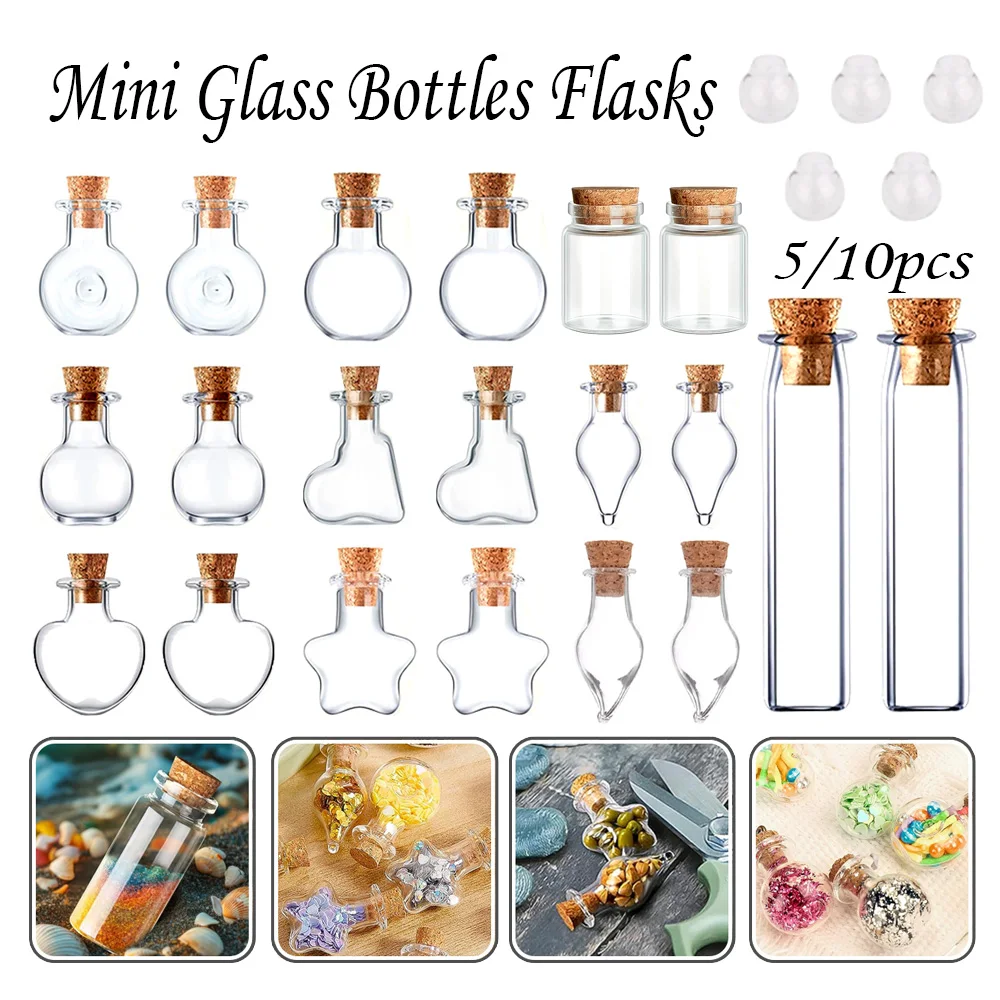 5/10 Uds. Botellas de deseos de vidrio transparentes de forma única con tapón de corcho, decoración artesanal para el hogar, vial de almacenamiento de colgantes de joyería