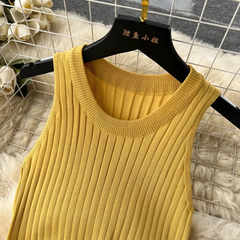 Fashion Patchwork Knitted Long Sundress Women Sleeveless Mesh Elastic Bodycon Dress Streetwear A Line Midi Dress Fashion New