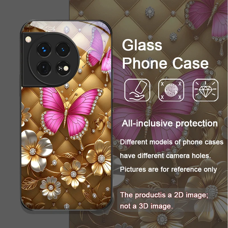 حافظة هاتف من الزجاج المقسى على شكل فراشة ذهبية لهاتف OnePlus 13 R 12 11 10 ACE2 ACE3 Pro Nord 2T 4 CE2 ACE3 Lite