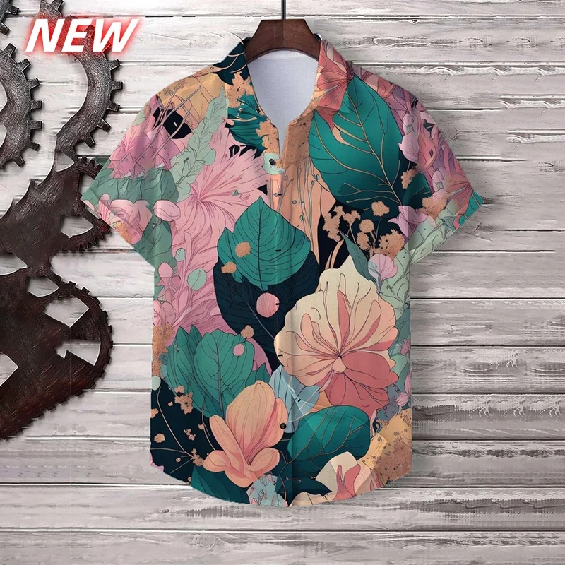 

Гавайская рубашка с цветочным принтом кокосовой пальмы для мужчин, рубашки Aloha с 3D принтом листьев, летняя повседневная блузка с короткими рукавами, топы с лацканами