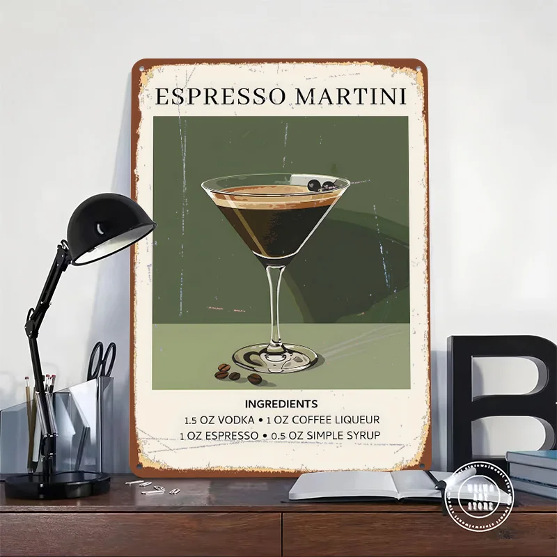 Espresso Martini Cocktail Poster Customized Wall Art Vintage Metal Signs Retro Tin Plaque for Man Cave Home Decor Living Room