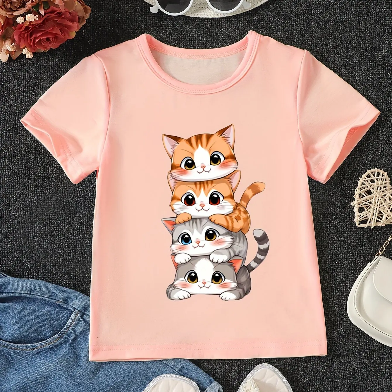 Cute Anime Cat Pattern Printed Girls Cotton T-Shirt Summer Kids Short Sleeve T-Shirt Pajamas Comfortable Soft Fabrics