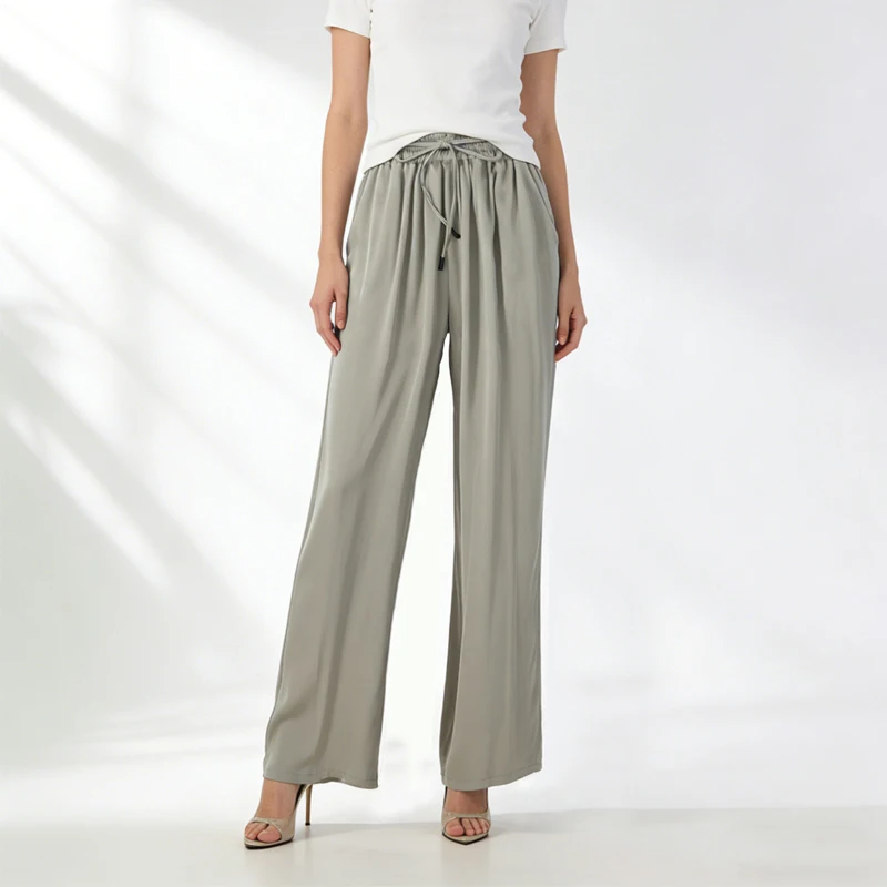 Vertical Naked Feeling 93% Natural Mulberry Silk Elastic Double Qiao Satin Elastic Waist Women's Fashionable Wide Leg Pants