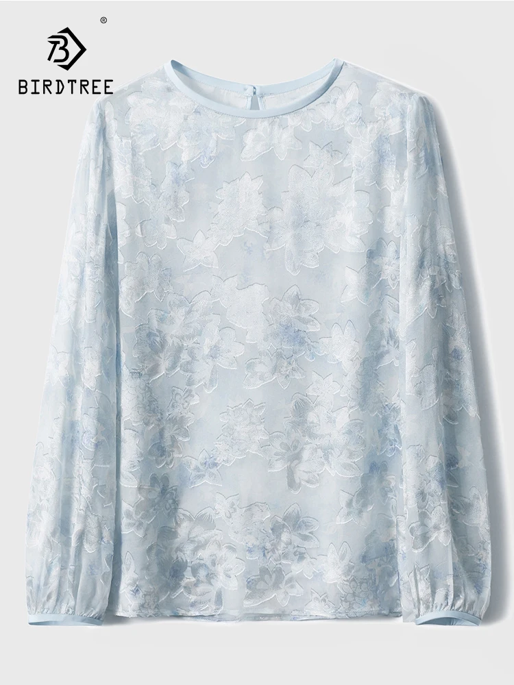 BirdTree-51.9%Silk 48.1%Viscose Elegant T-Shirt, Long Sleeve Floral, Women Retro Casual Loose Pullover Top, 2026 Spring T63402CC