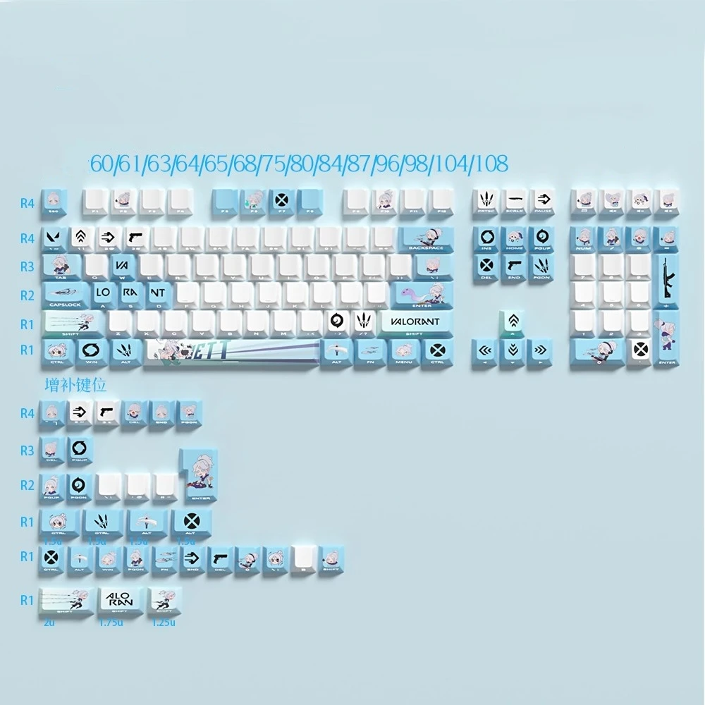 

1 комплект колпачков для клавиш VALORANT Jett PBT, аниме, игровые колпачки для клавиш с вишневым профилем, колпачки для клавиш с боковой печатью и подсветкой для клавиш MX Switch