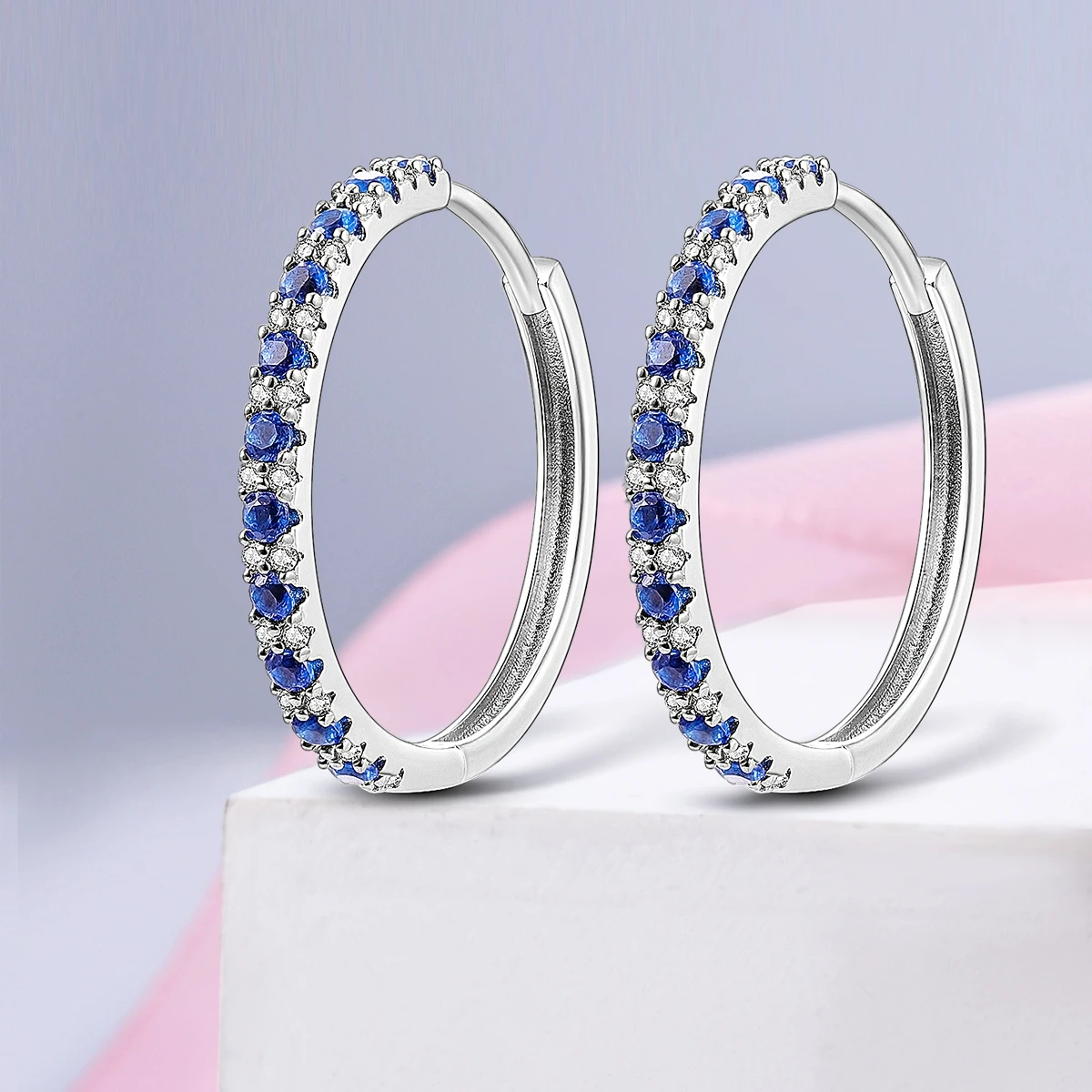 925 Sterling Silver Geometric Minimalist Blue Series Jewelry Fashion Zircon Circle Hoop Earring For Women S925 Gift Accessories