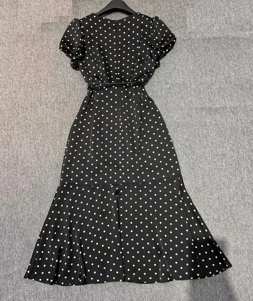 Top Quality New Summer Dress 2026 Fashion Women O-Neck Polka Dot Prints Flower Belt Deco Short Sleeve Mid-Calf Black Dress