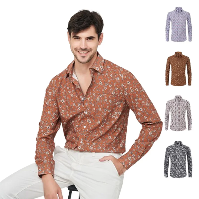 

all seasons Men's New flower Printed Shirt Loose Elastic Polo Collar Anti-wrinkle Free ironing Long Sleeve shirts for men