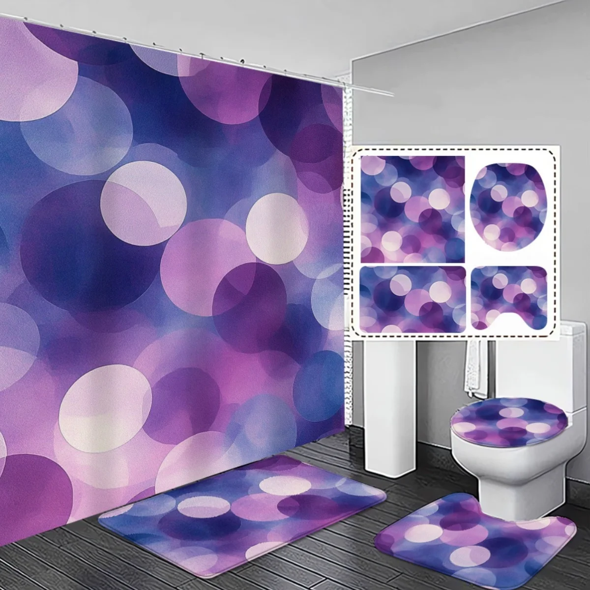 

4 шт. модная и простая стильная фиолетовая занавеска для душа с принтом боке и нескользящий впитывающий коврик для ванной, набор для современной ванной комнаты