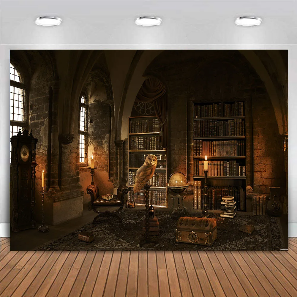 

Wizard Magic Bookshelf Photography Backdrop for Halloween Bookcase Dress Up Party Candle Owl Decor Ancient Library Background