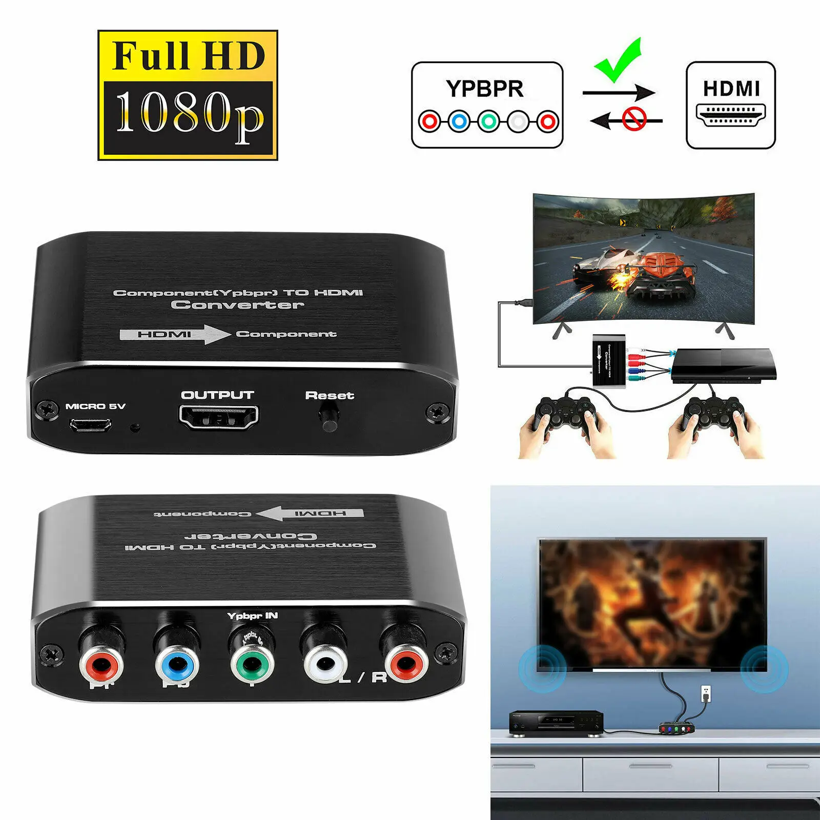 1080P Component to HDMI Converter YPbPr L/R RCA Stereo Audio to HDMI Converter Adapter for HDTV PS2 PS3 HDVD Player Wii Xbox