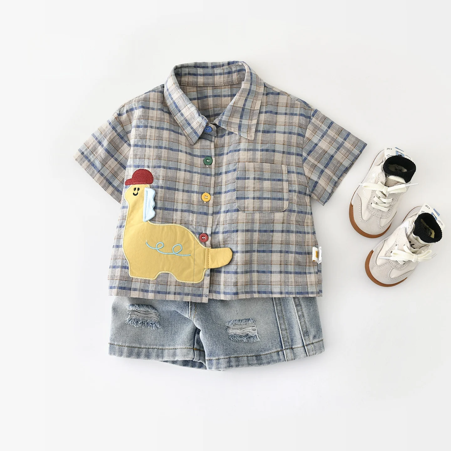 Summer Children's Clothing Leisure Breathable Boys' Set Cartoon Dinosaur Checkered Top with Ripped Denim Shorts Two Piece Set