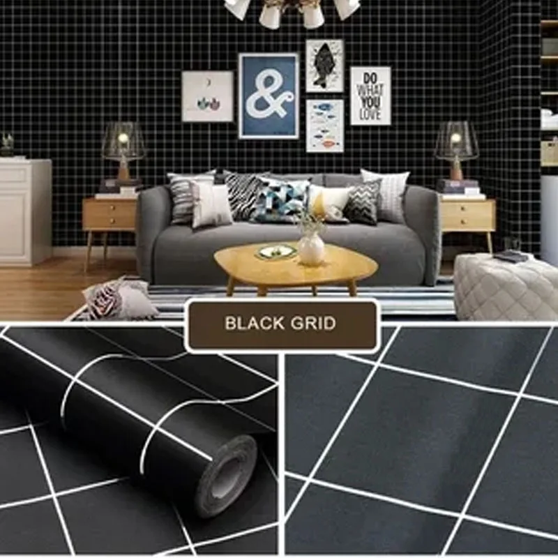 Kitchen Adhesive Wallpaper for Wall Sticker Paper Black Grid Waterproof and Moisture-proof Decorative Walls Paper 40cm Refurbish