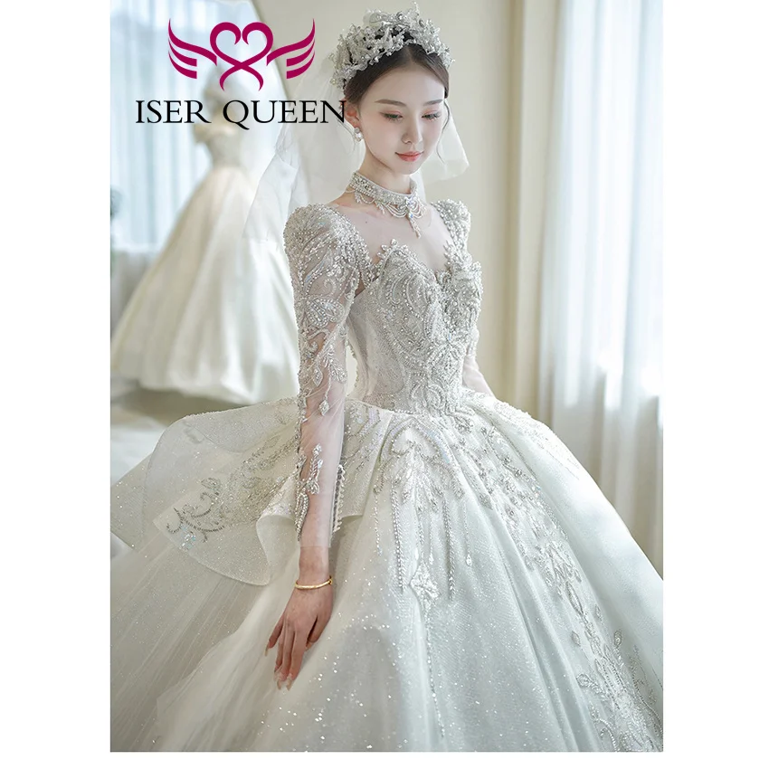 Personnalisé 2025 hiver nouvelle robe de mariée manches longues robe de bal dos creux perles brillant luxe robe de mariée pour mariage WX0491