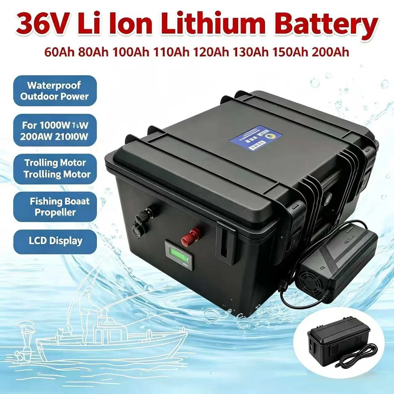 60Ah 36V 100Ah 110Ah 120Ah 130Ah 150Ah 200Ah Li Ion Lithium Battery For 1000W 2000W Trolling Motor Propeller Fishing Boat