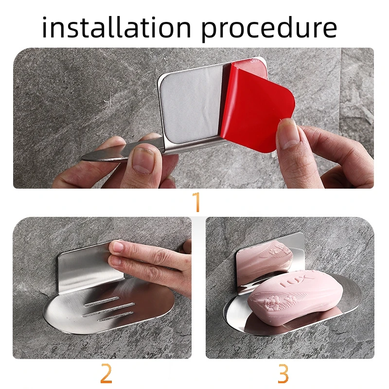 رف تخزين صابون الحمام من الفولاذ المقاوم للصدأ، حامل أطباق صابون الاستحمام، رف تخزين إسفنجي جداري ذاتي اللصق لمنظم المطبخ #5