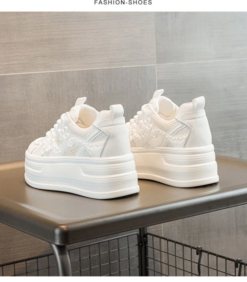 Womens White Mesh Platform Sneakers Breathable Thick Sole Casual Shoes With Flower Embroidery Lightweight Non Slip For Summer Da