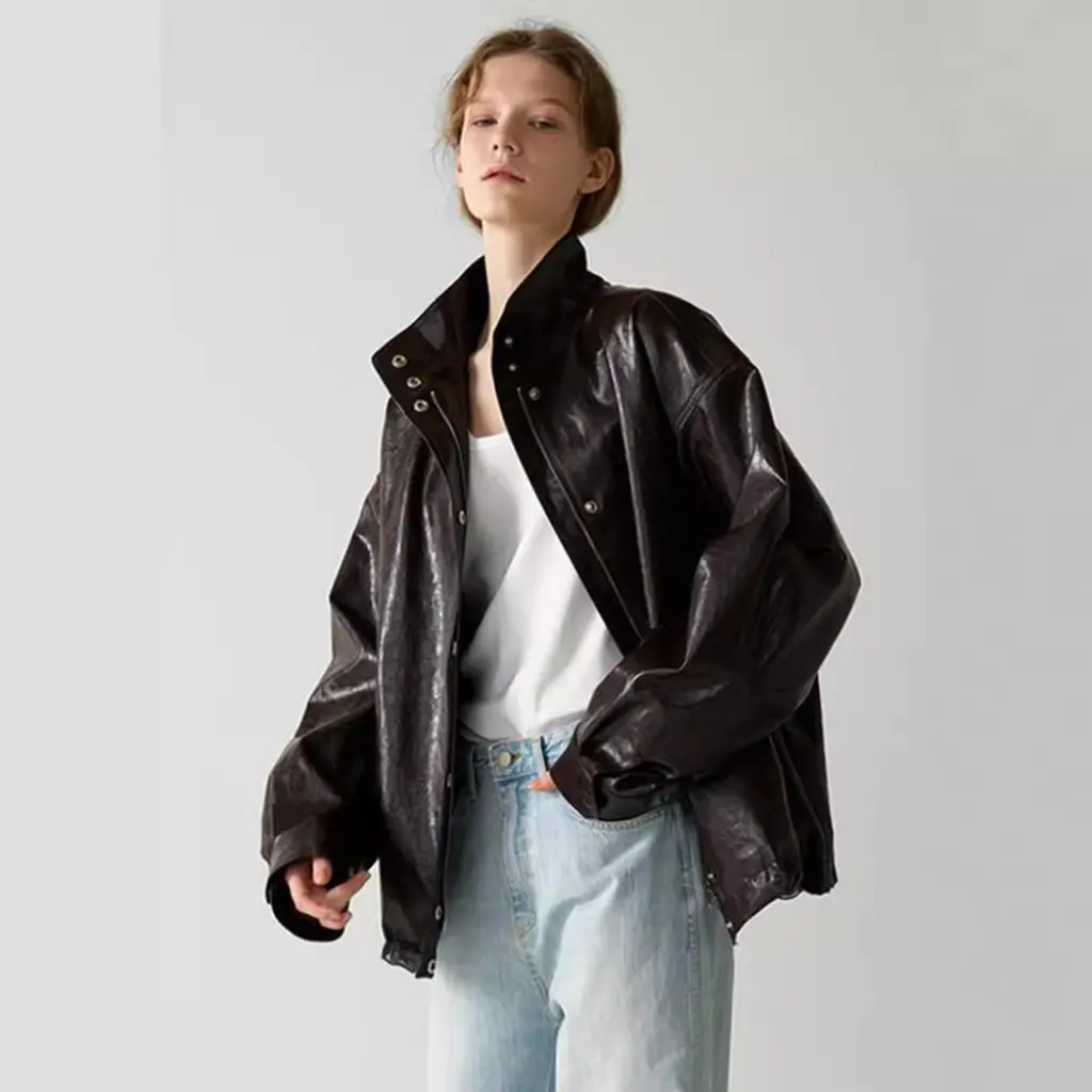 F*Cade P*Ttern レザージャケット 女性用 ルーズスタンドアップカラー バイクスタイルシルエット 通勤トップ 春夏秋用