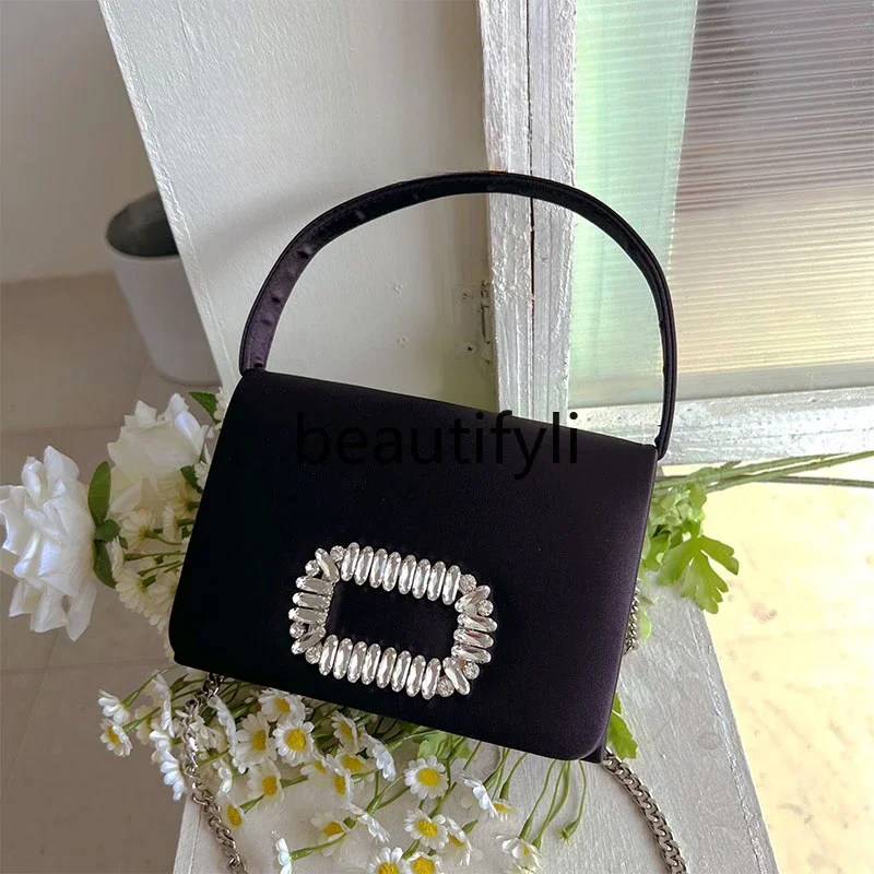 French Dinner Small Square Bag Shiny Silk Satin Handmade Diamond Bag Rhinestone Crossbody Bag