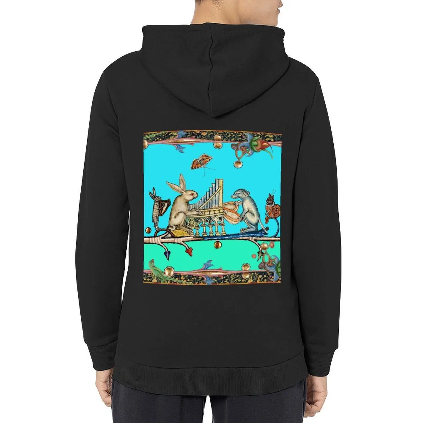 

WEIRD MEDIEVAL BESTIARY MAKING MUSIC,White Rabbit And Dog Playing Organ, Harpist Hare, Snail Cat in Blue Hoodie