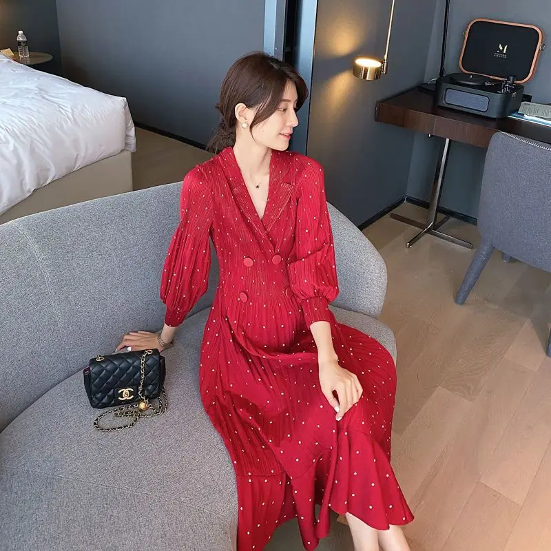 Red V Neck Polka Dot Lantern Sleeve Fit And Flare Midi Dress With Button Detail Elegant Women's Autumn Spring Wear