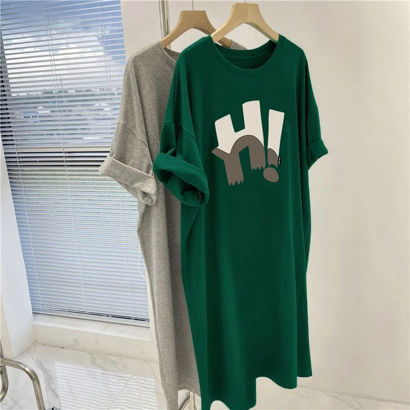 Women Clothing Short Sleeve Letter Printed Dress Summer Casual Loose Cotton Comfortable Midi Dress O-neck Pullover Tunic